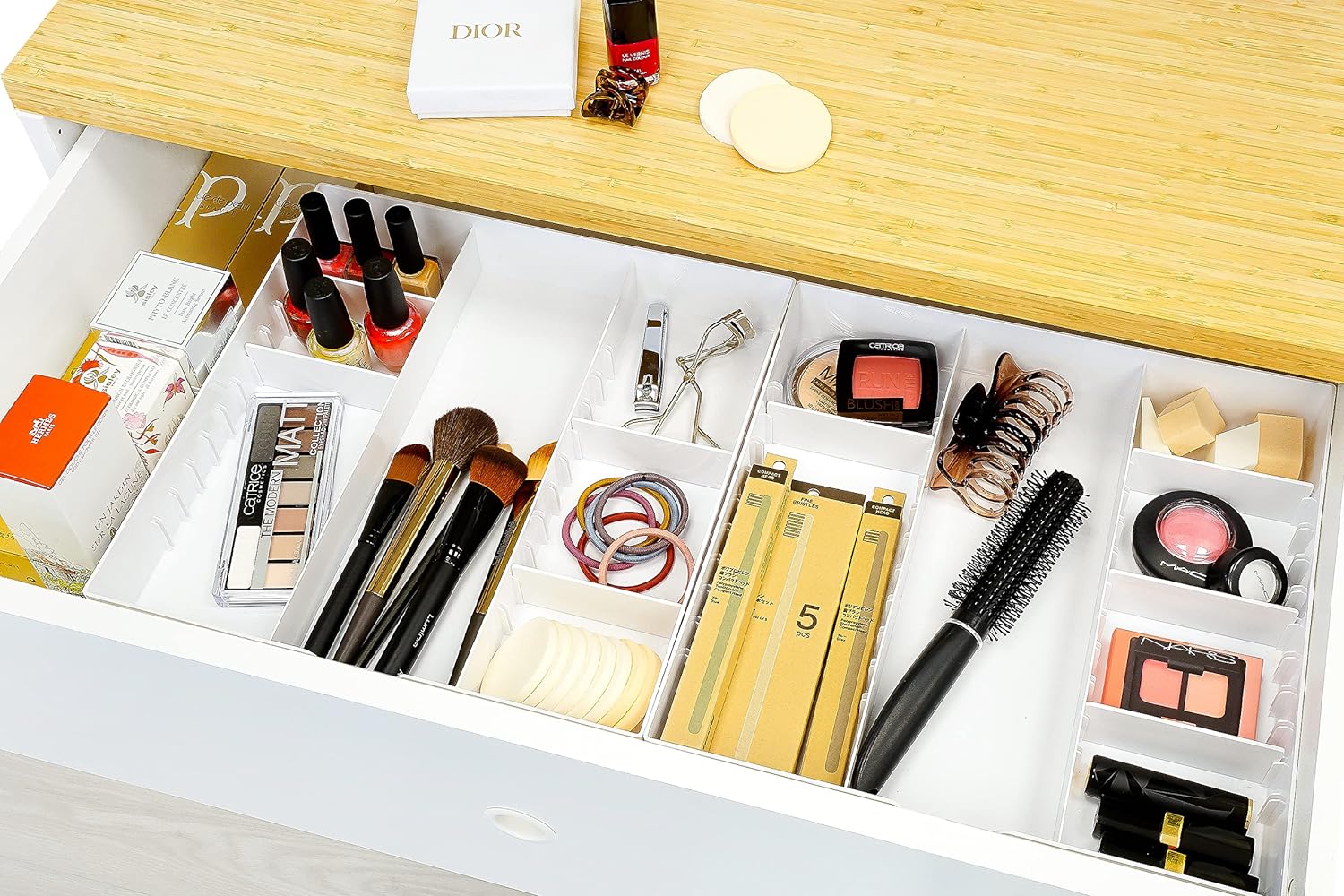 CAXXA 3 Slot Drawer Organizer with 4 Adjustable Dividers - Junk Drawer Storage for Makeup & Vanity, Office Desk Supplies and Accessories (WHITE, 1 PACK) - Image 6